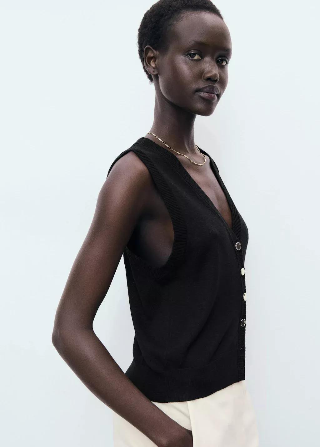 Black Fine-Knit Waistcoat With Buttons, , large image number 0