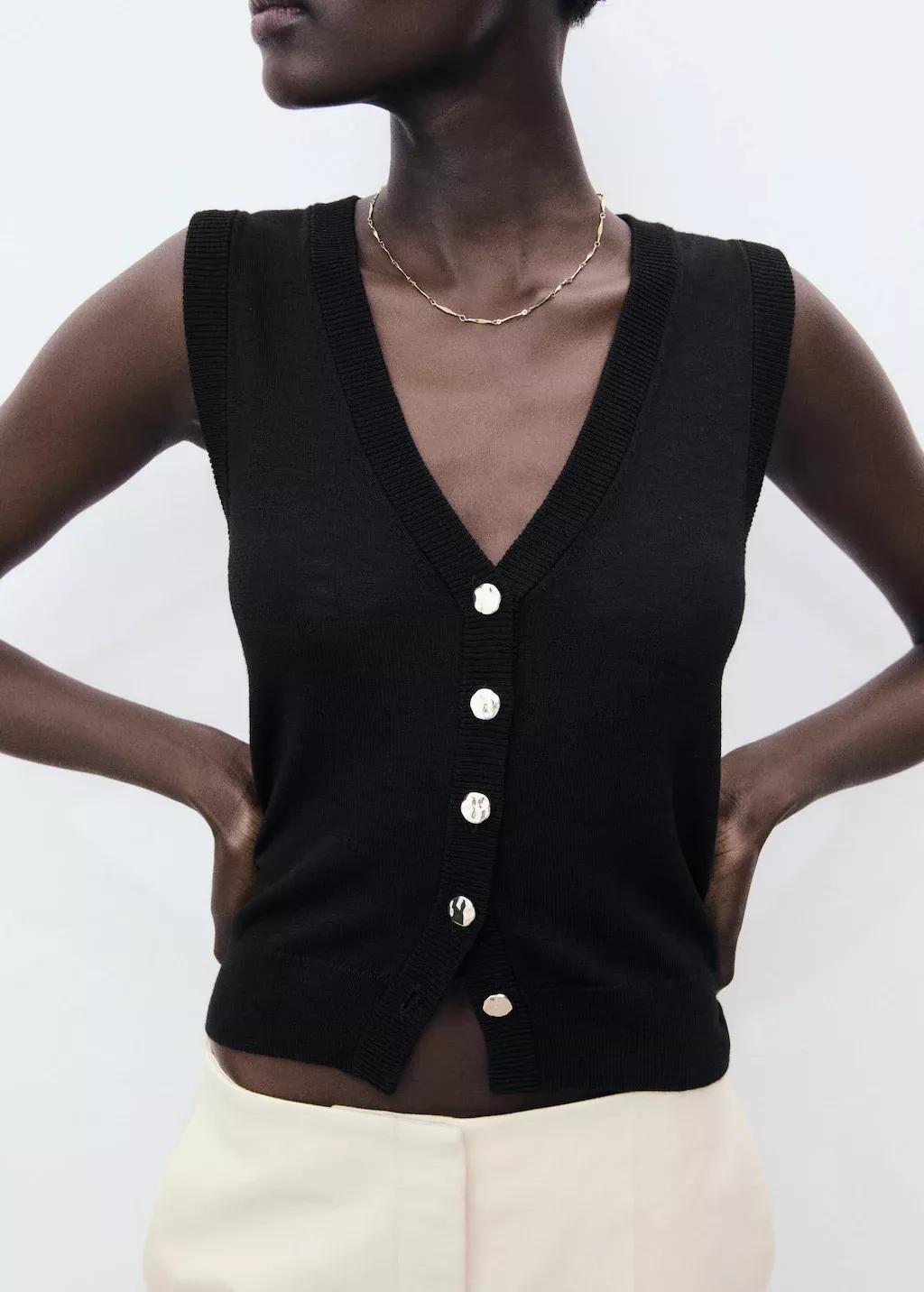 Black Fine-Knit Waistcoat With Buttons, , large image number 1