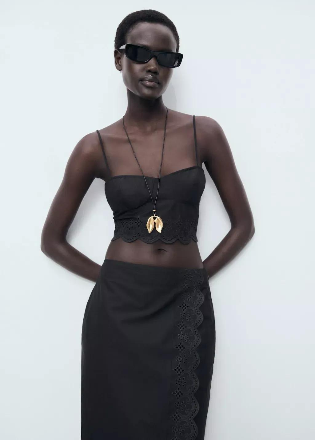 BLACK Embroidered crop top, , large image number 0