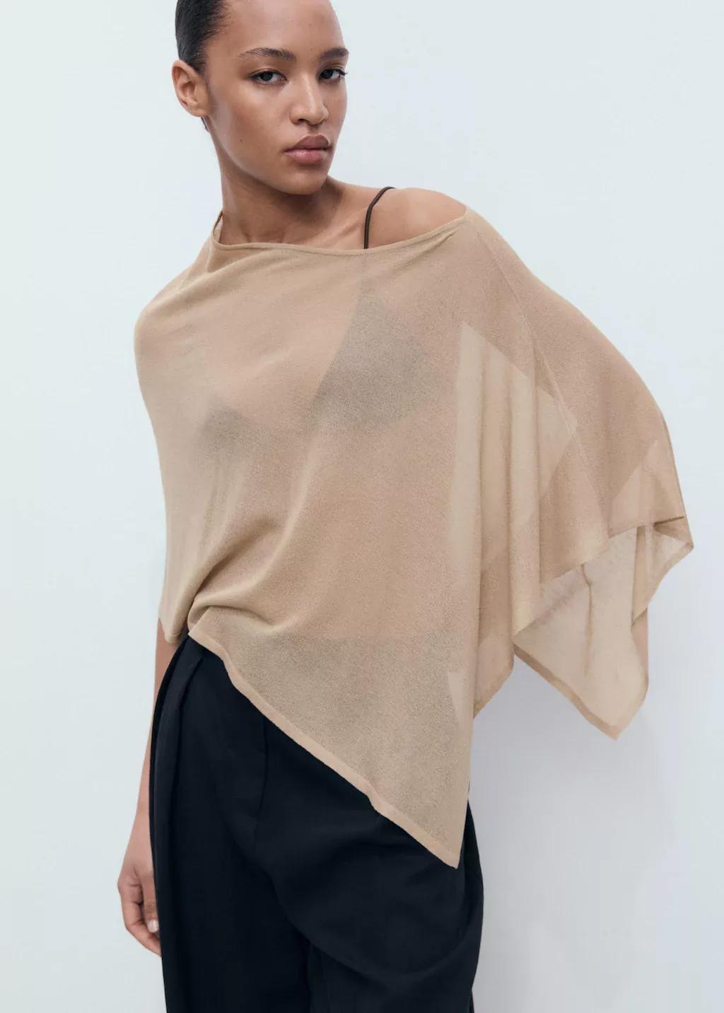 Beige Asymmetrical Knitted Cape, , large image number 1