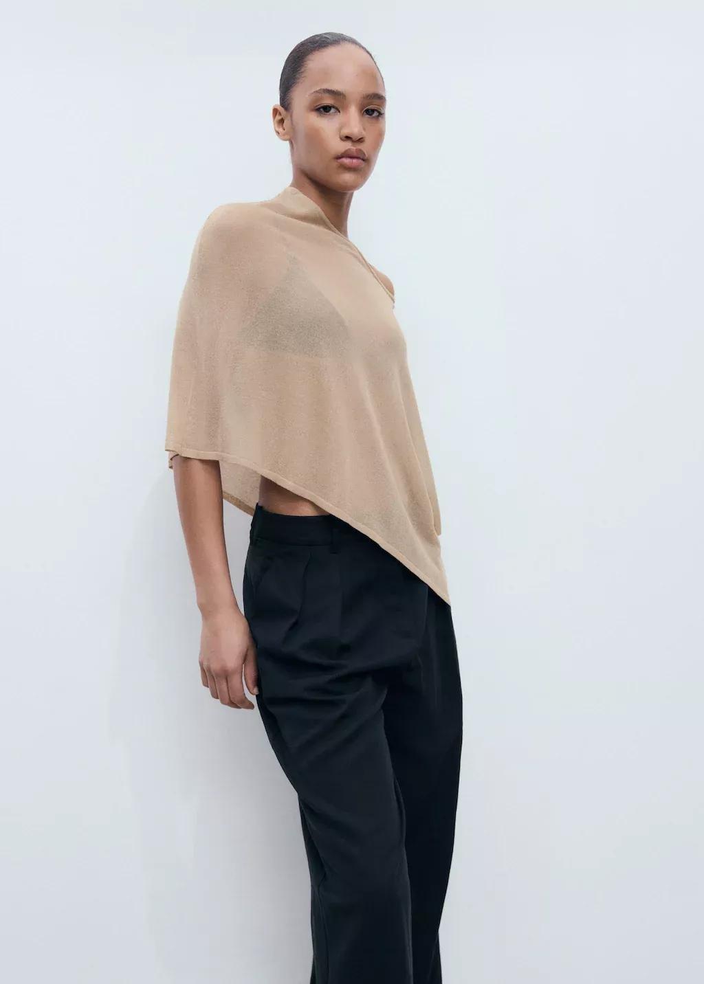 Beige Asymmetrical Knitted Cape, , large image number 5