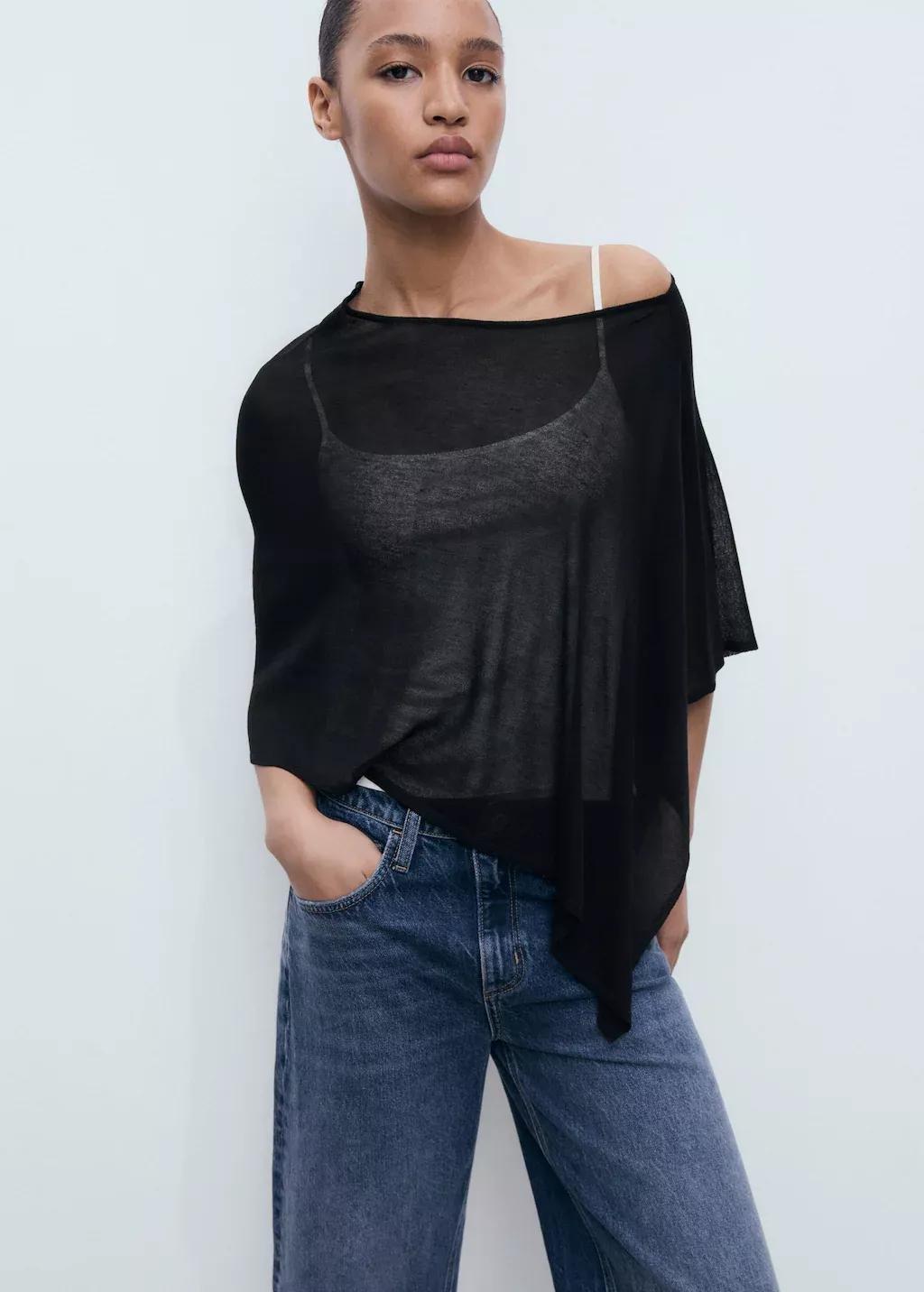 Black Asymmetrical Knitted Cape, , large image number 1