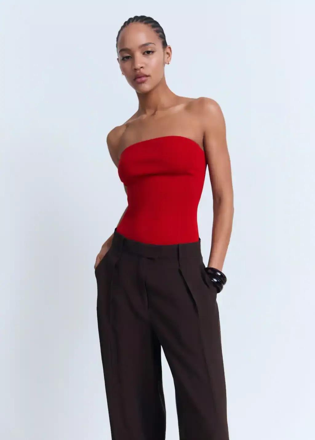 RED Strapless fitted top, Red, medium