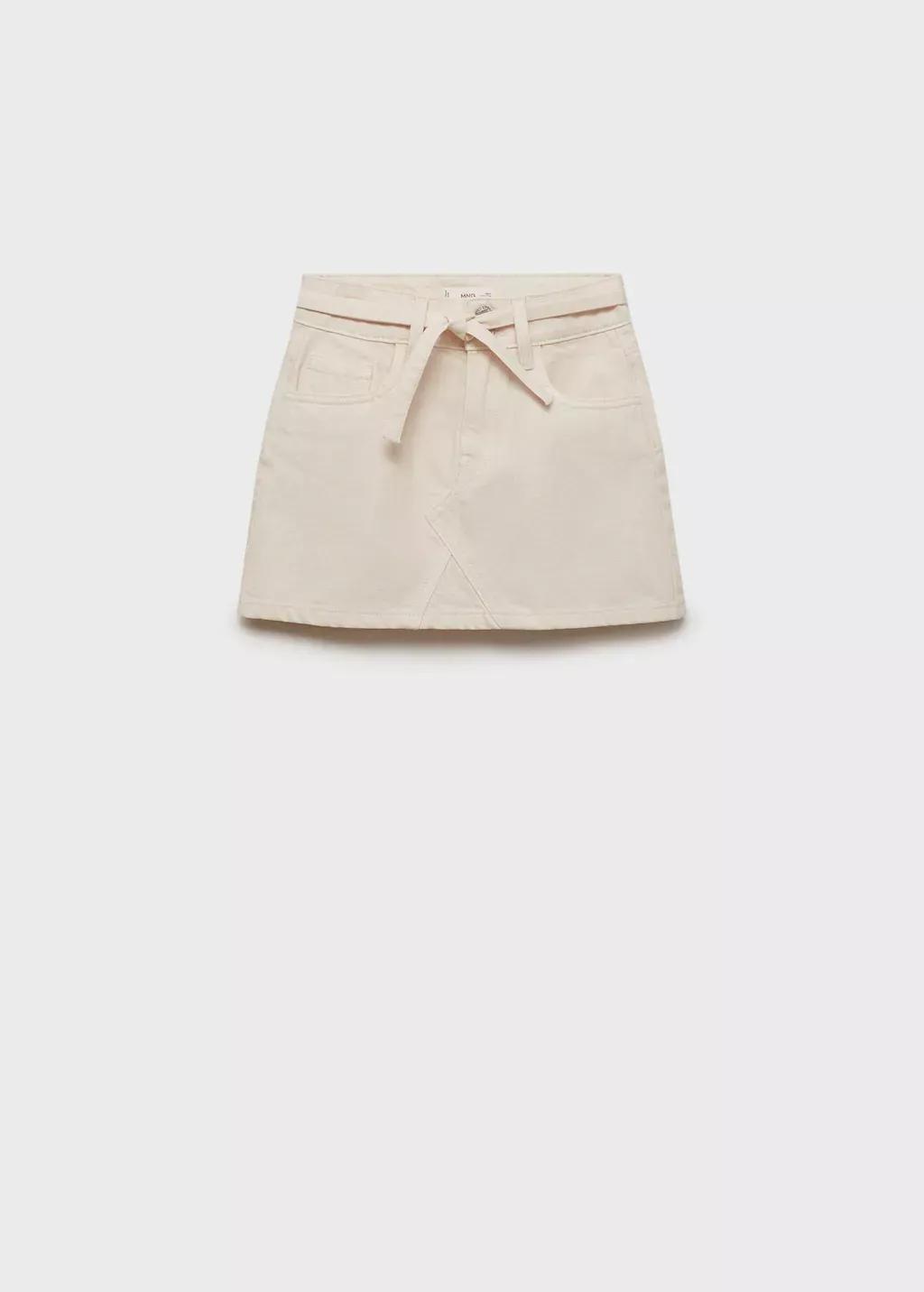 Cream Denim Skirt With Bow, Kids Girls, , large image number 0