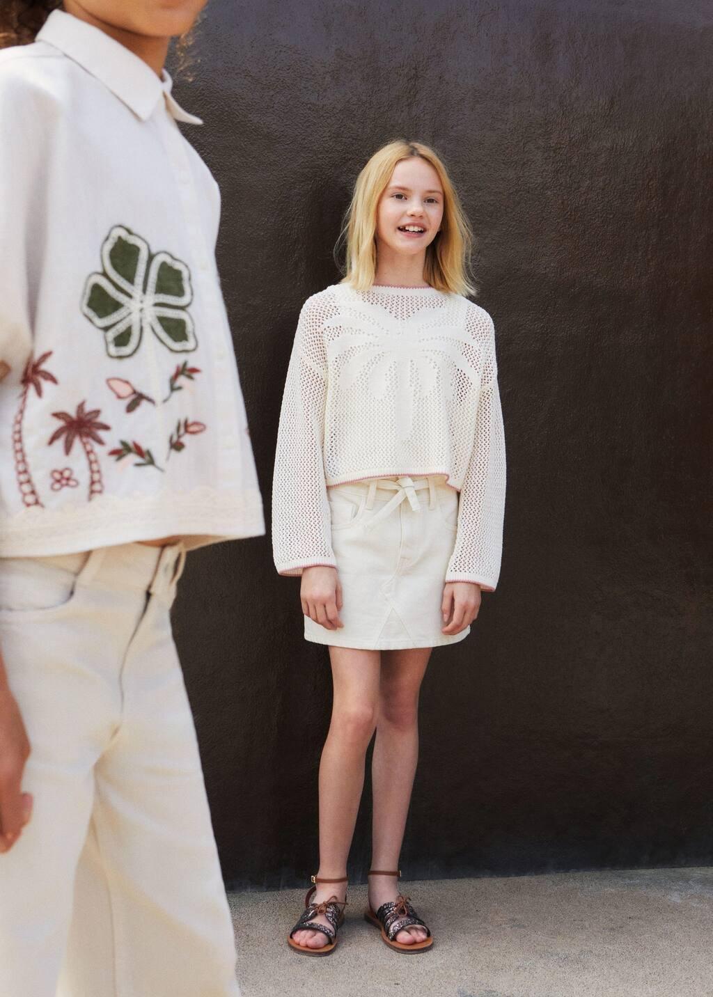 Cream Denim Skirt With Bow, Kids Girls, , large image number 2