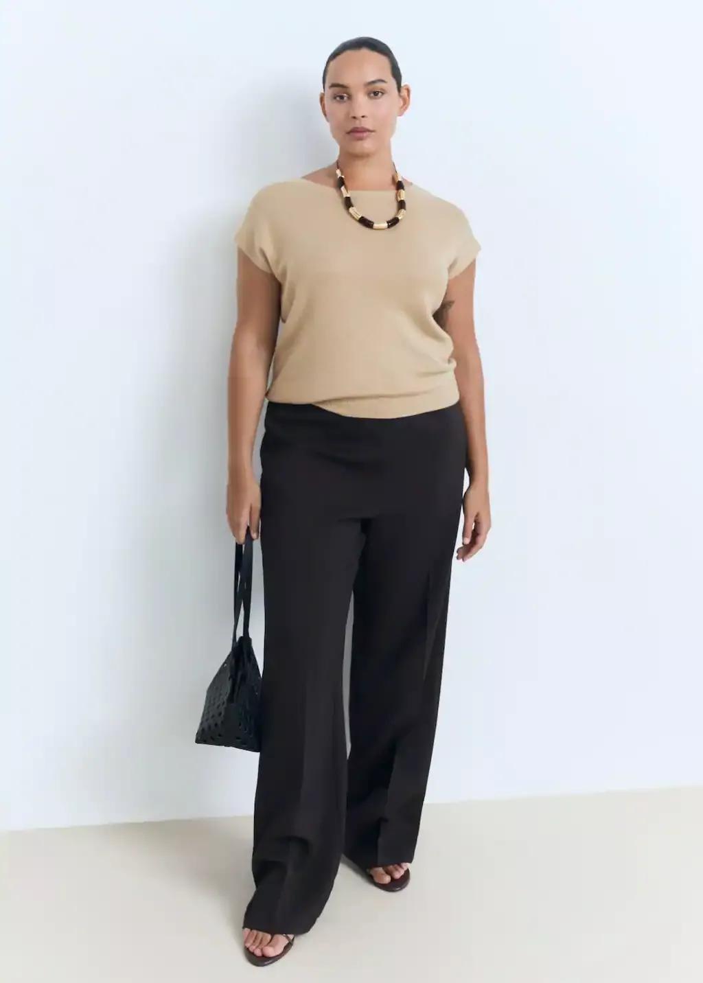 LIGHT BEIGE Short-sleeved fine-knit sweater, Light Beige, medium