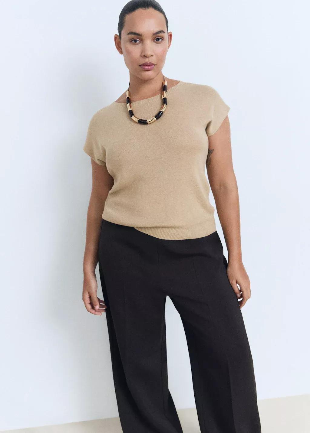 LIGHT BEIGE Short-sleeved fine-knit sweater, , large image number 4