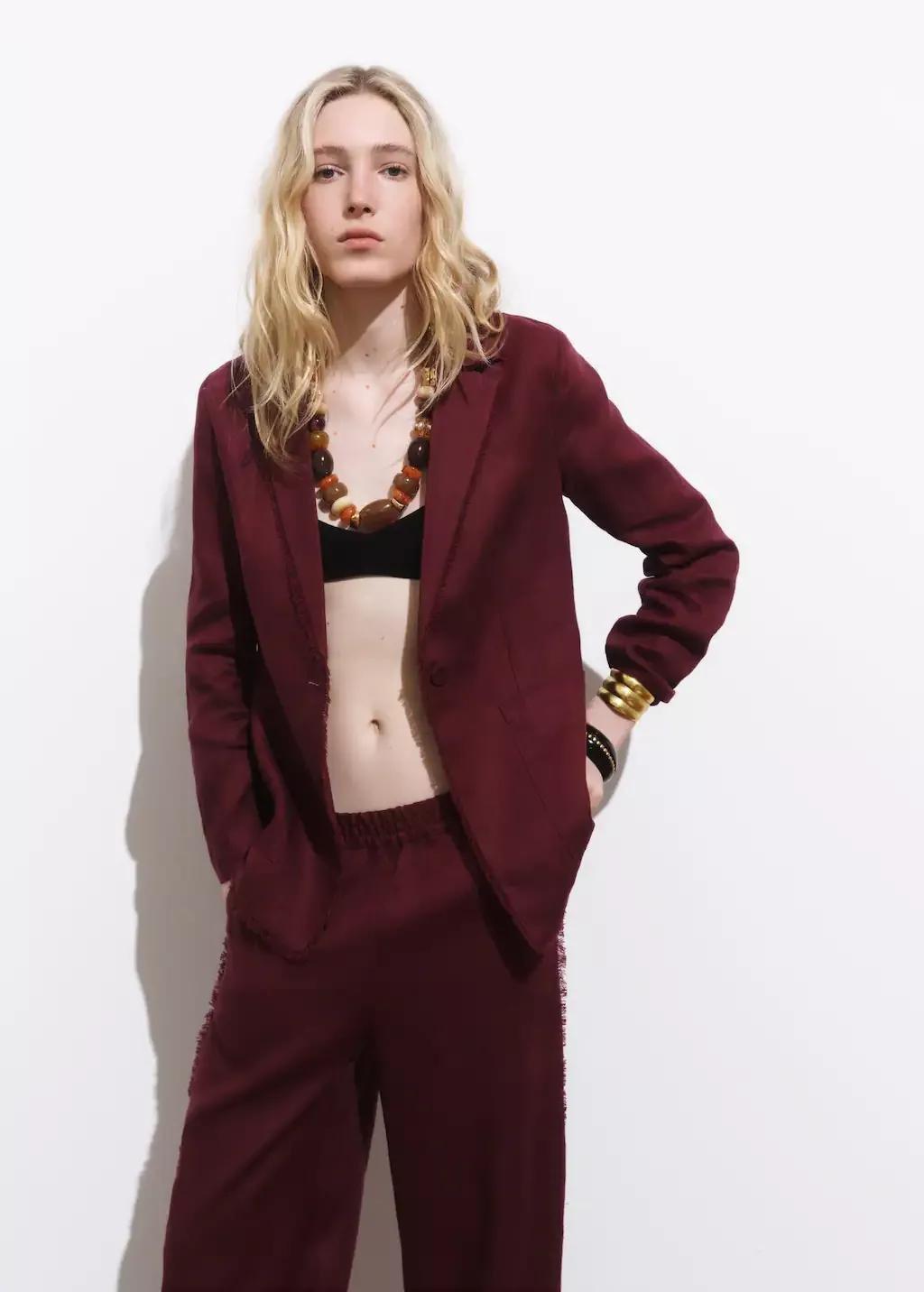 DARK RED Linen suit jacket with frayed ends, Dark Red, large image number 0