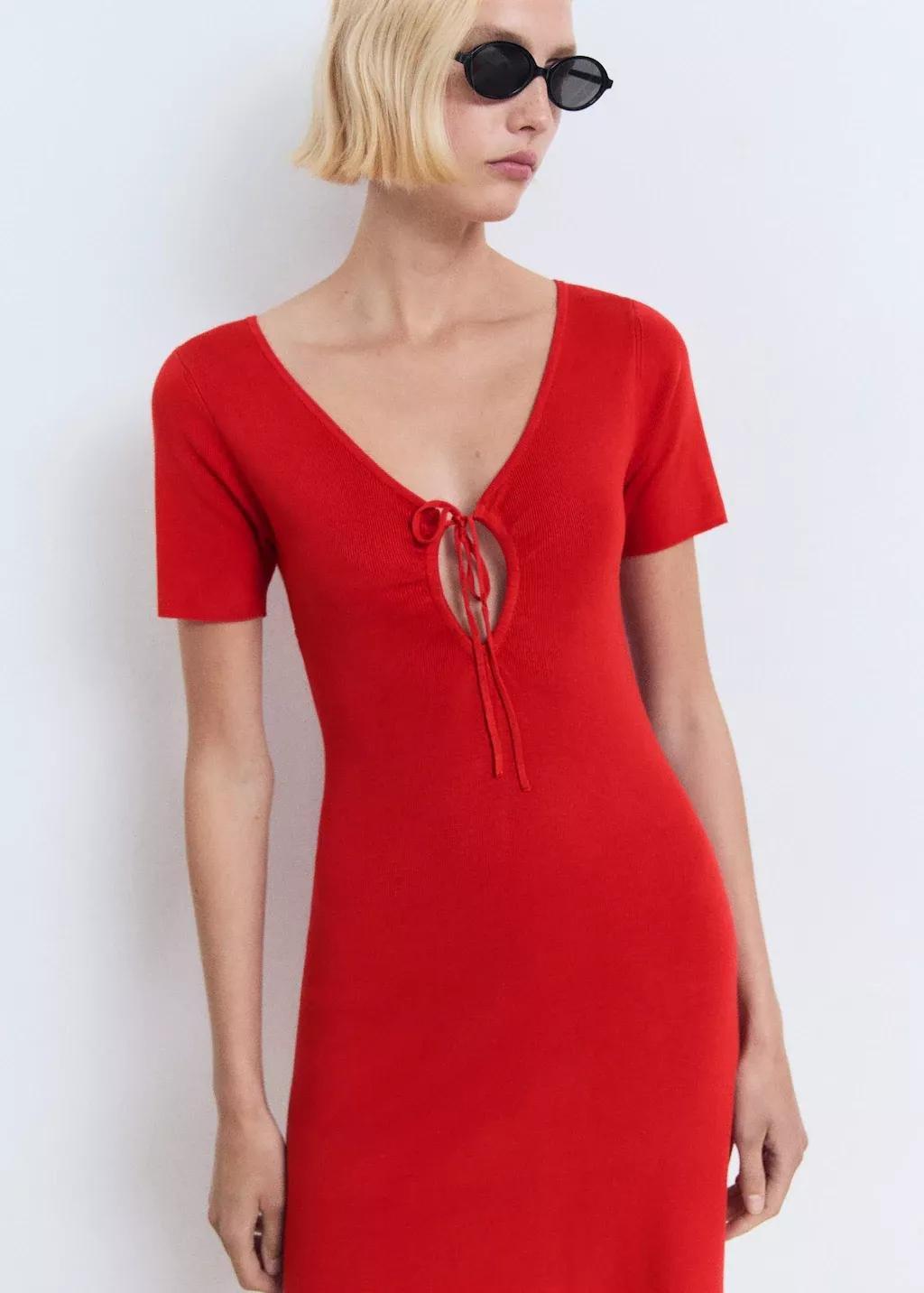 Red Knitted Dress With Bow Neckline, , large image number 0