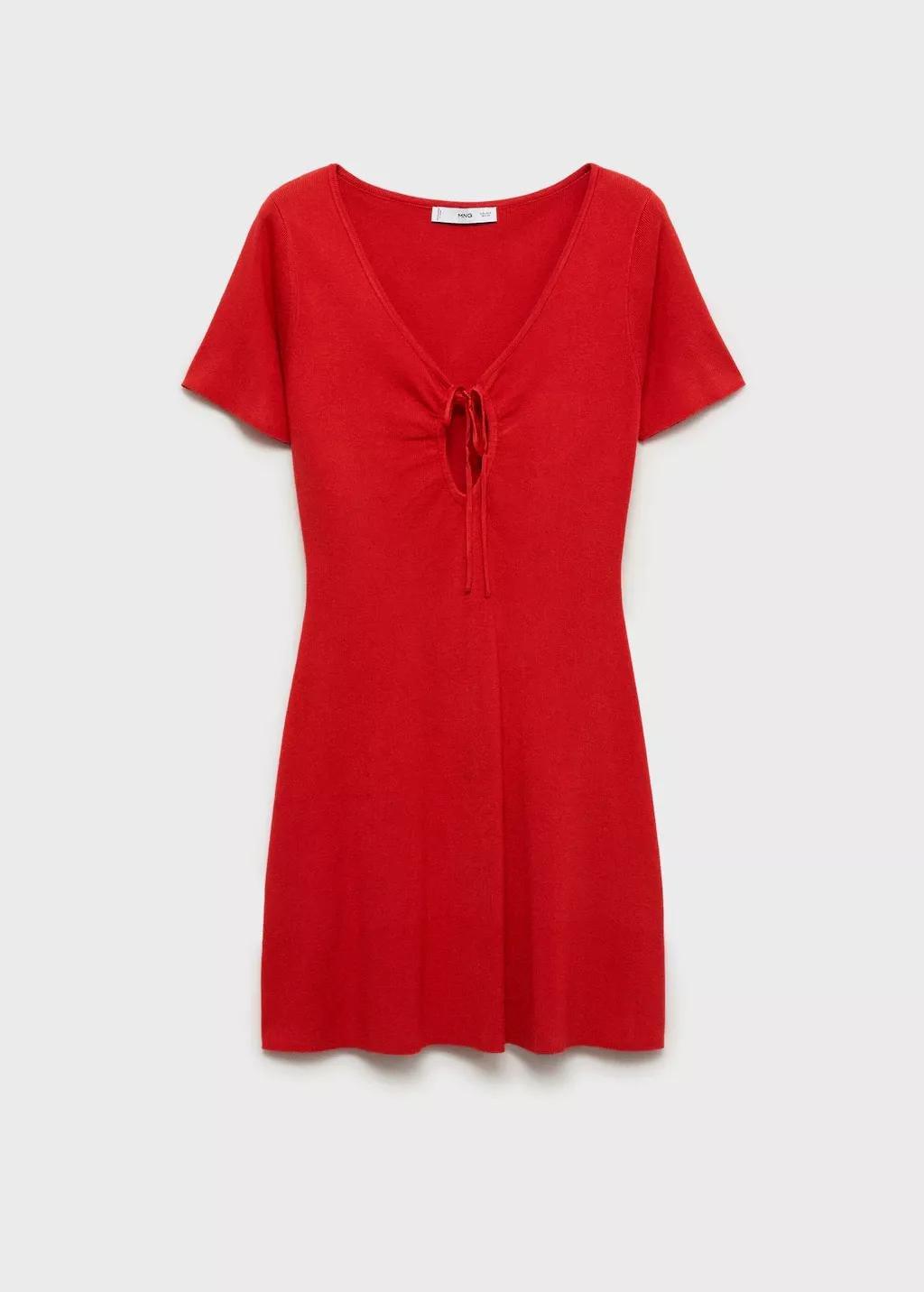Red Knitted Dress With Bow Neckline, , large image number 3