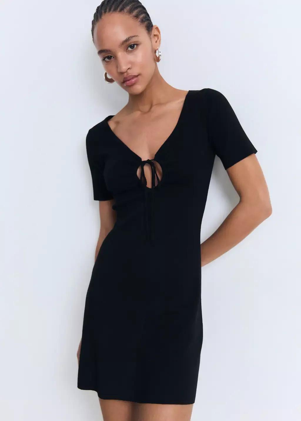 Black Knitted Dress With Bow Neckline, , medium