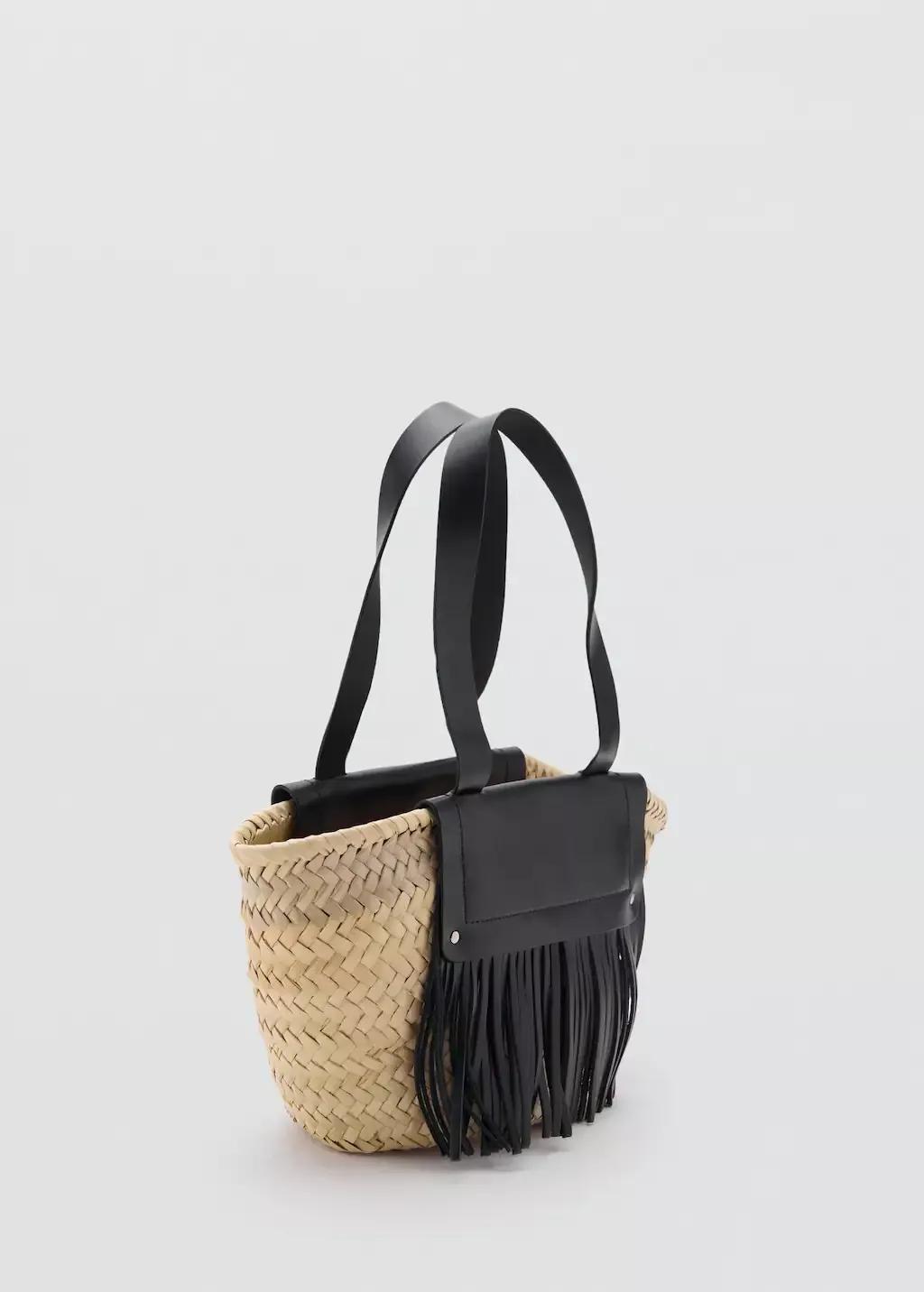 BLACK Small natural fibre basket with leather fringes, Black, large image number 0