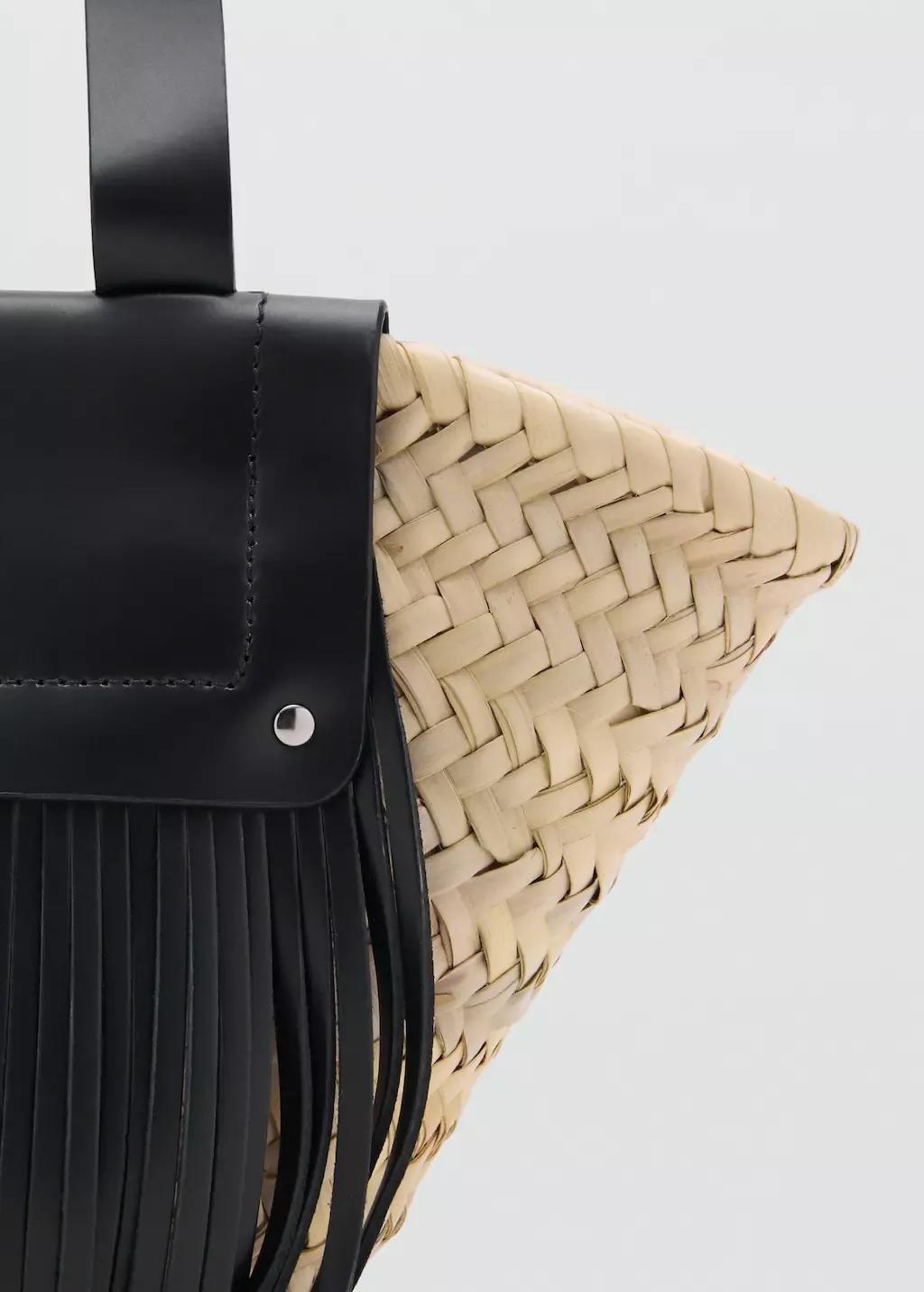 BLACK Small natural fibre basket with leather fringes, Black, large image number 1