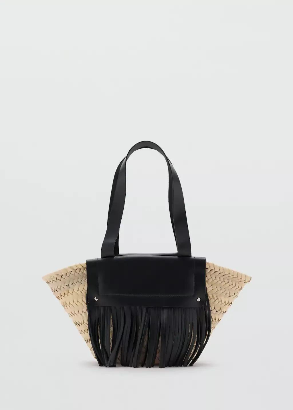BLACK Small natural fibre basket with leather fringes, Black, large image number 3
