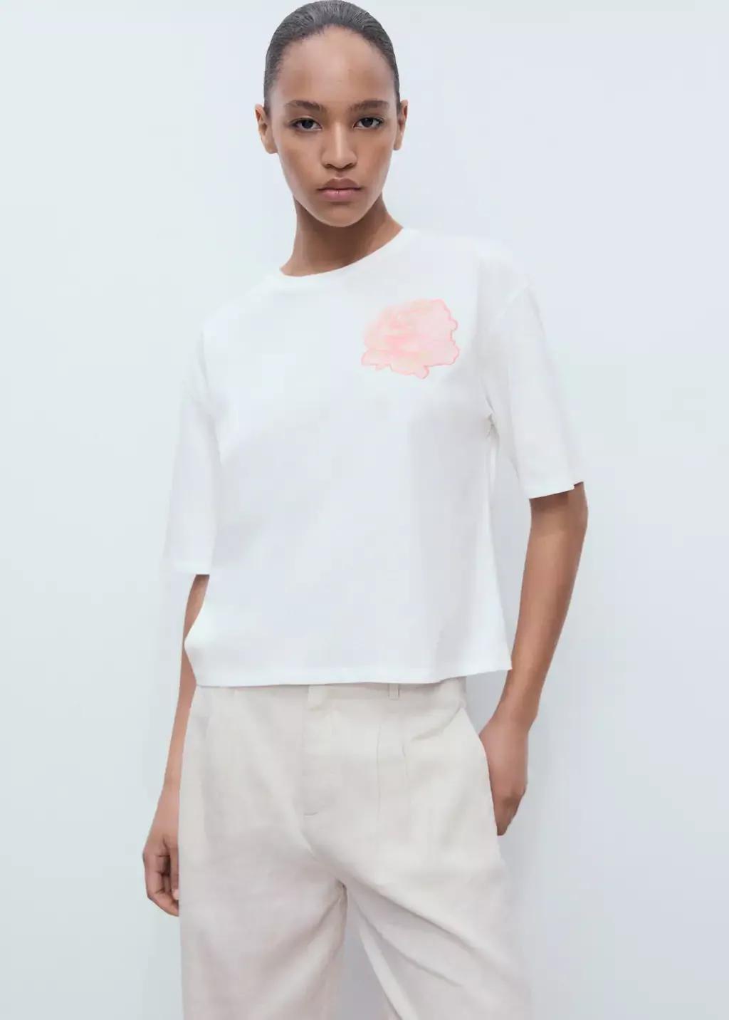 White Cotton T-Shirt With Flower Detail, , large image number 1