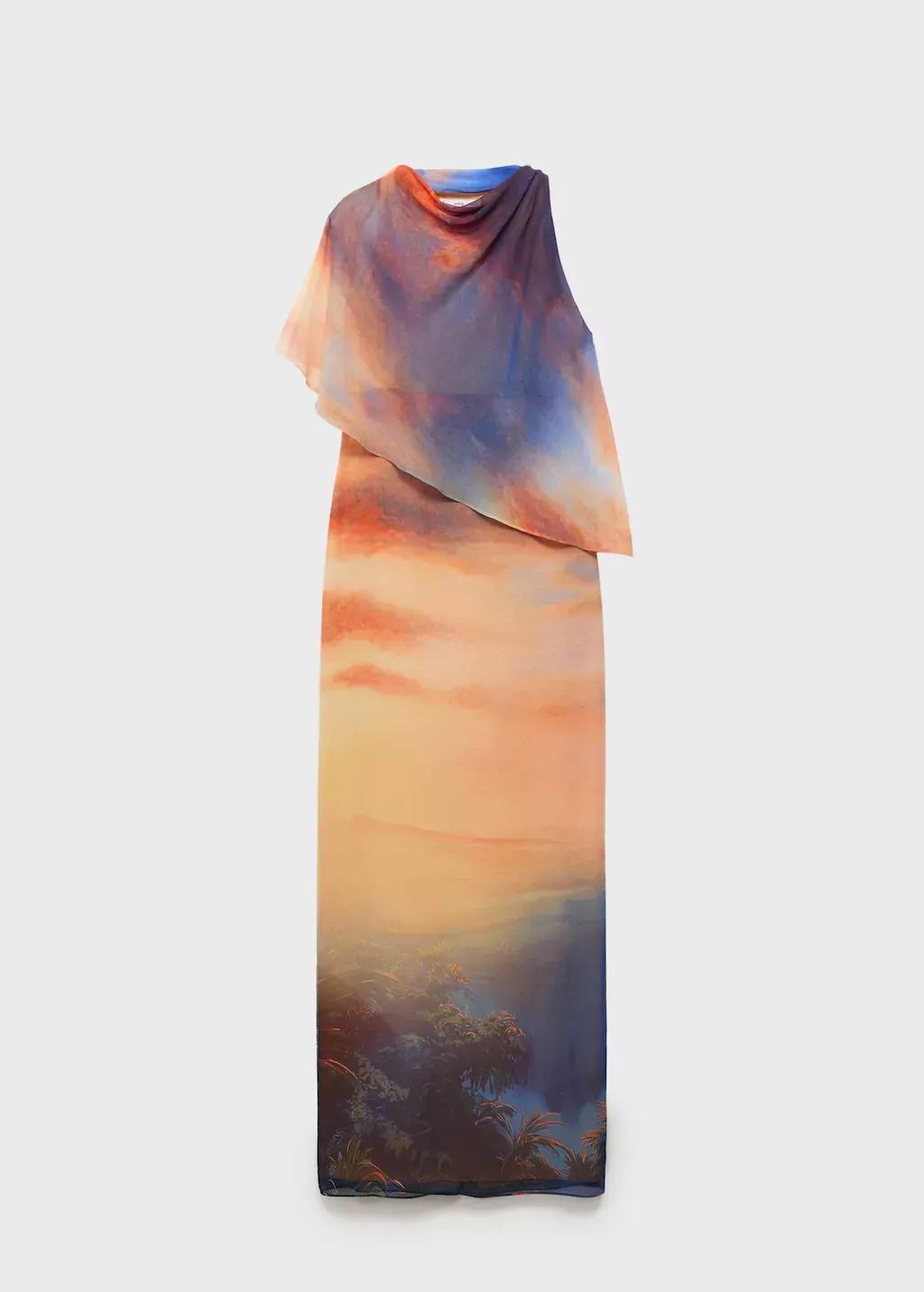 Orange Printed Dress With Asymmetrical Layer, , large image number 0
