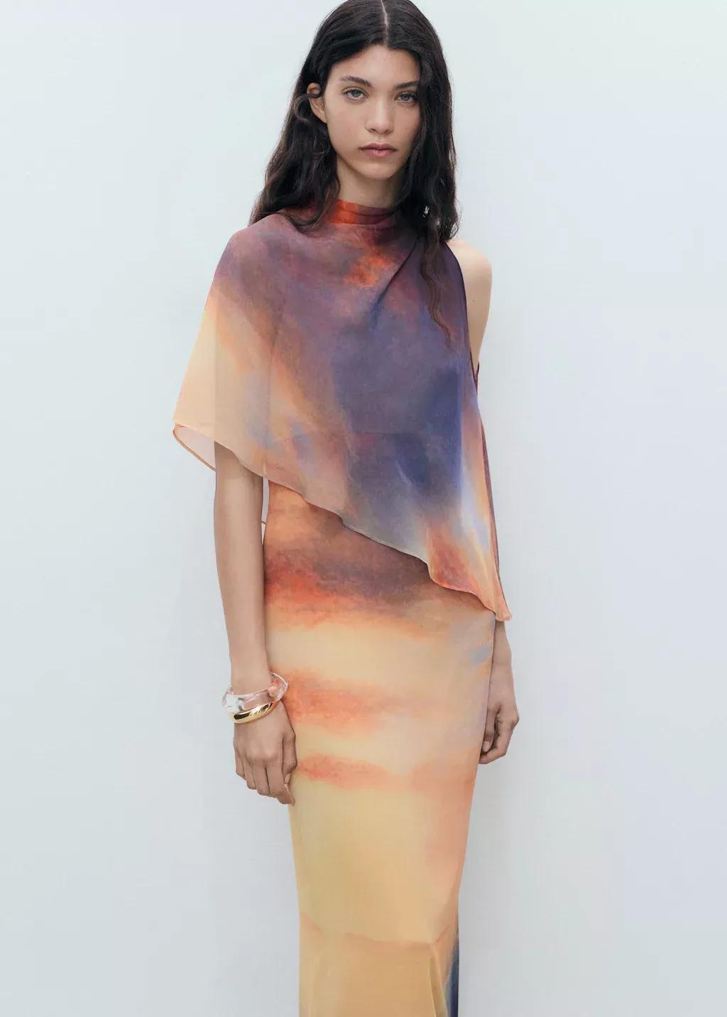 Orange Printed Dress With Asymmetrical Layer, , large image number 1