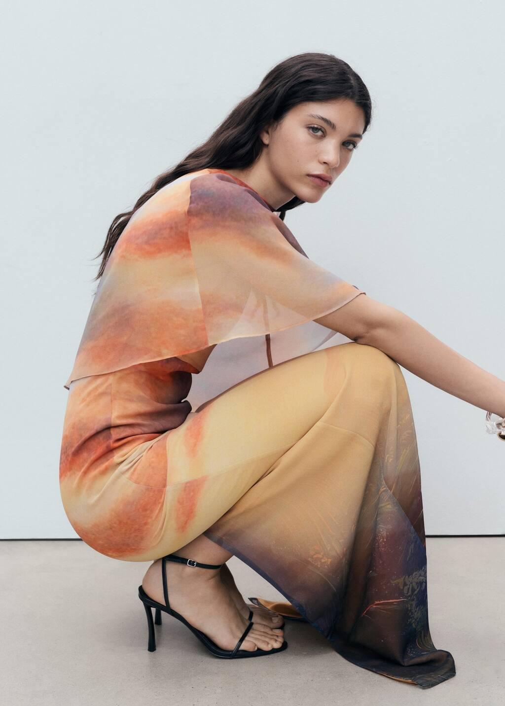 Orange Printed Dress With Asymmetrical Layer, , large image number 3