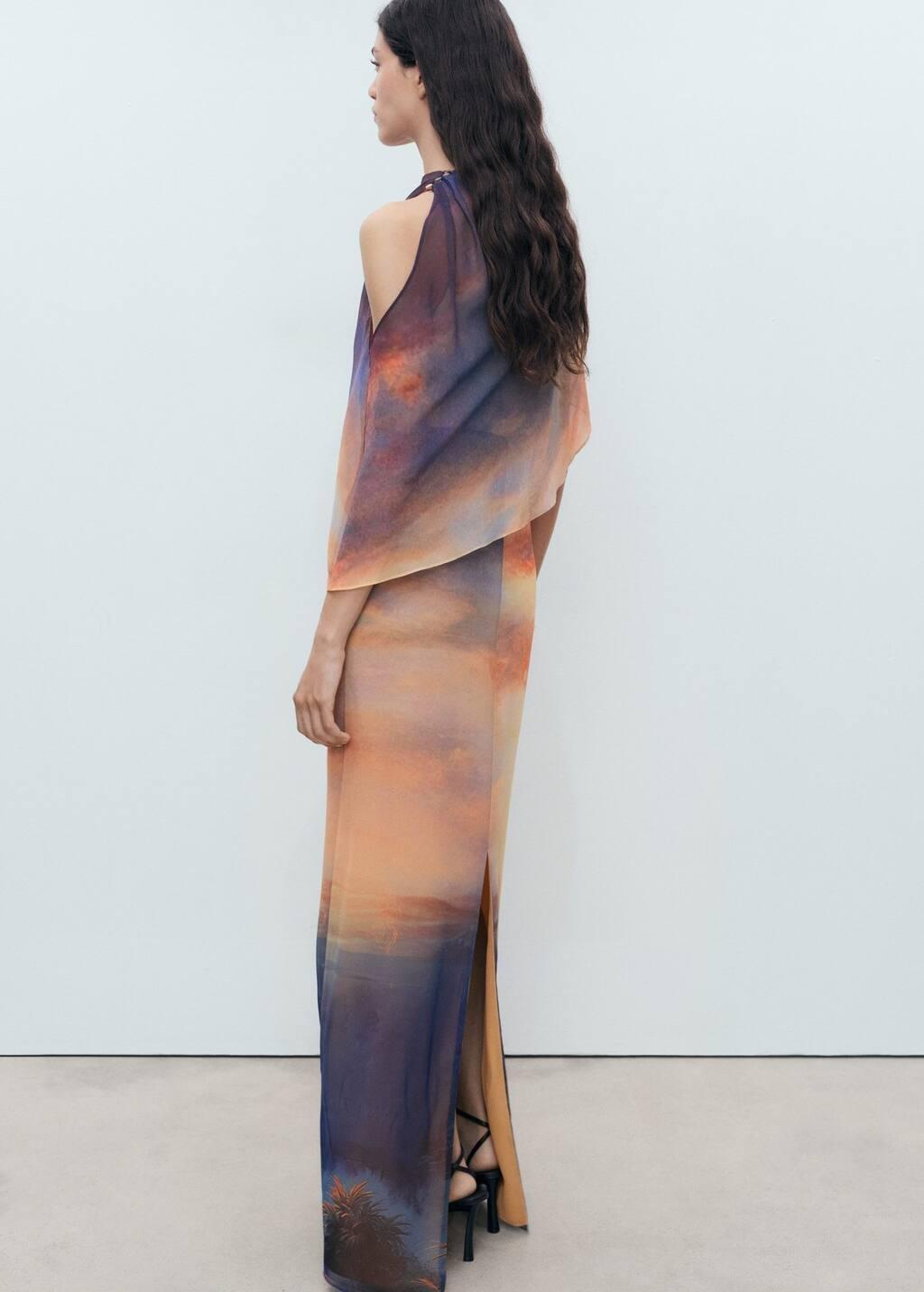 Orange Printed Dress With Asymmetrical Layer, , large image number 5
