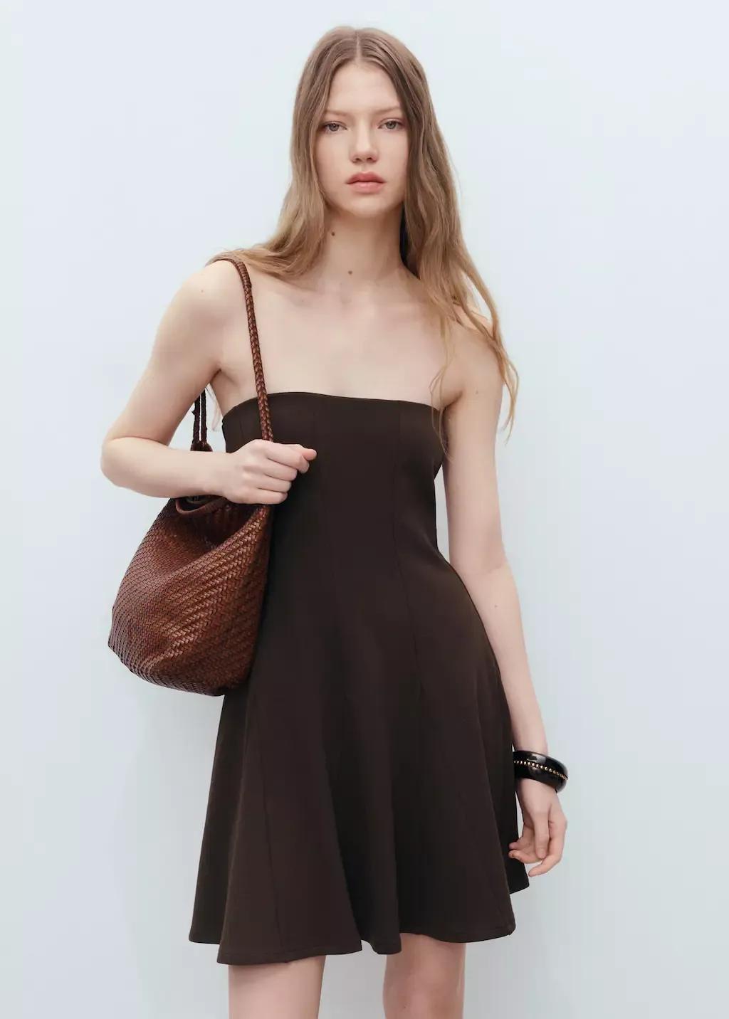 Brown Short Strapless Dress With Pleats, , large image number 1