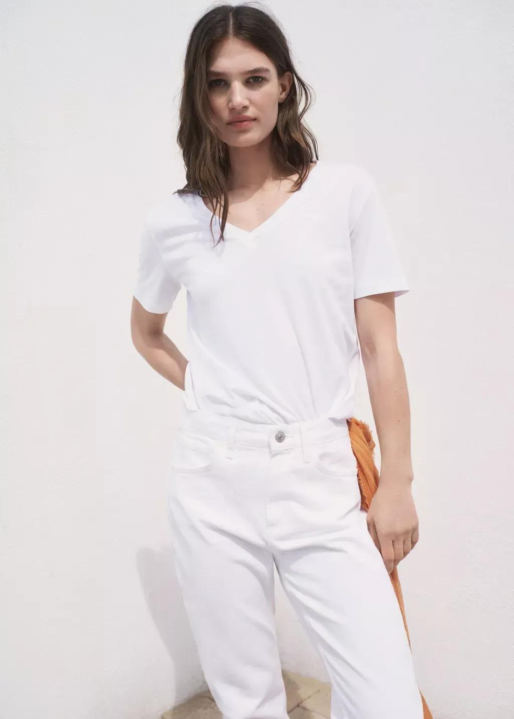 White V-Neck Cotton T-Shirt, 0201_01, medium