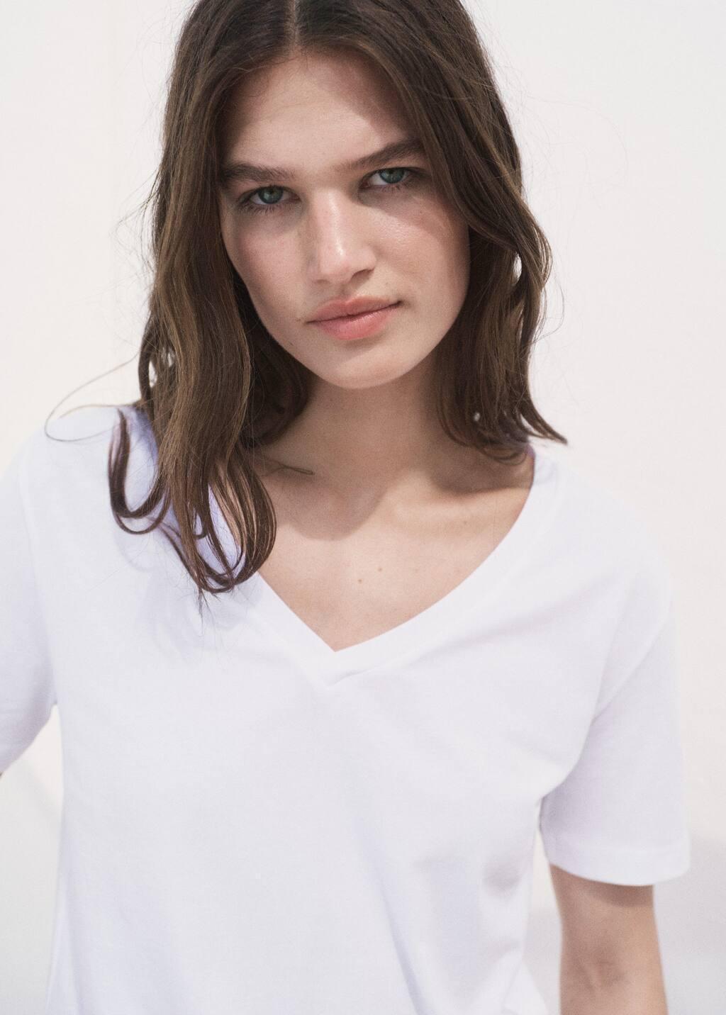 White V-Neck Cotton T-Shirt, 0201_01, large image number 3