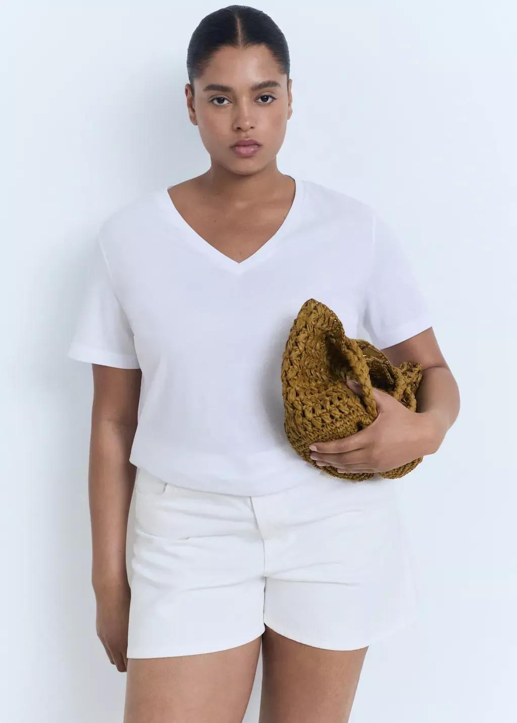 White V-Neck Cotton T-Shirt, 0201_01, large image number 4