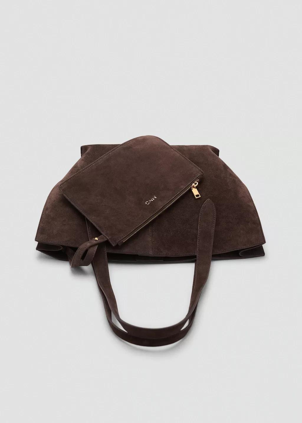 Brown Suede Mini Shopper Bag, Dark Brown, large image number 6