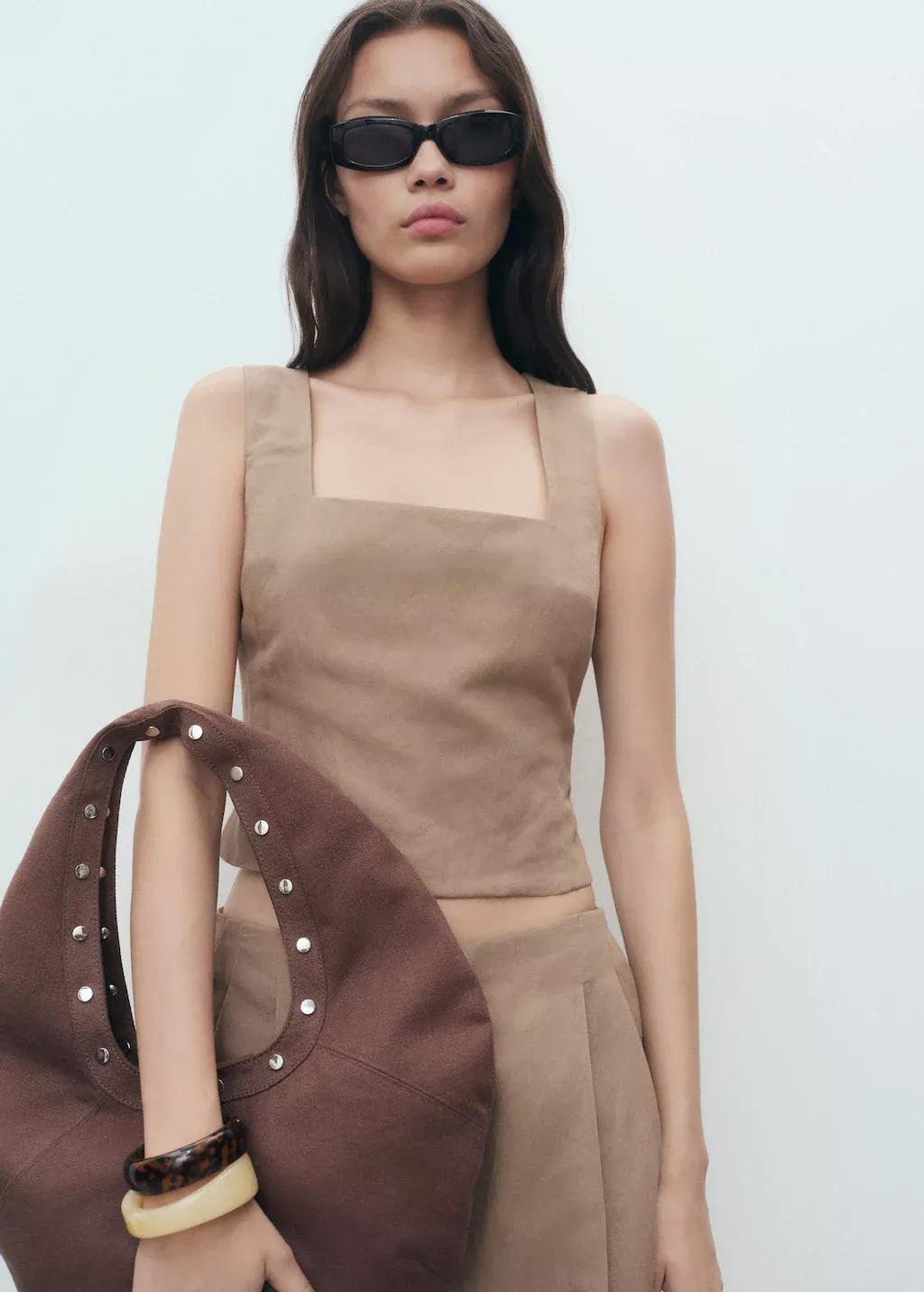 Brown Linen-Blend Cross-Back Top, , large image number 0