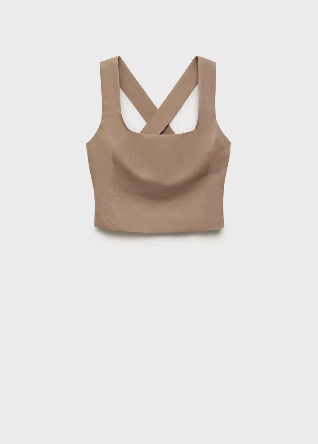 Brown Linen-Blend Cross-Back Top, , large image number 3