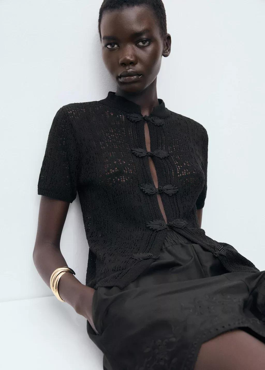 Black Crochet Cardigan With Toggle Buttons, Black, medium