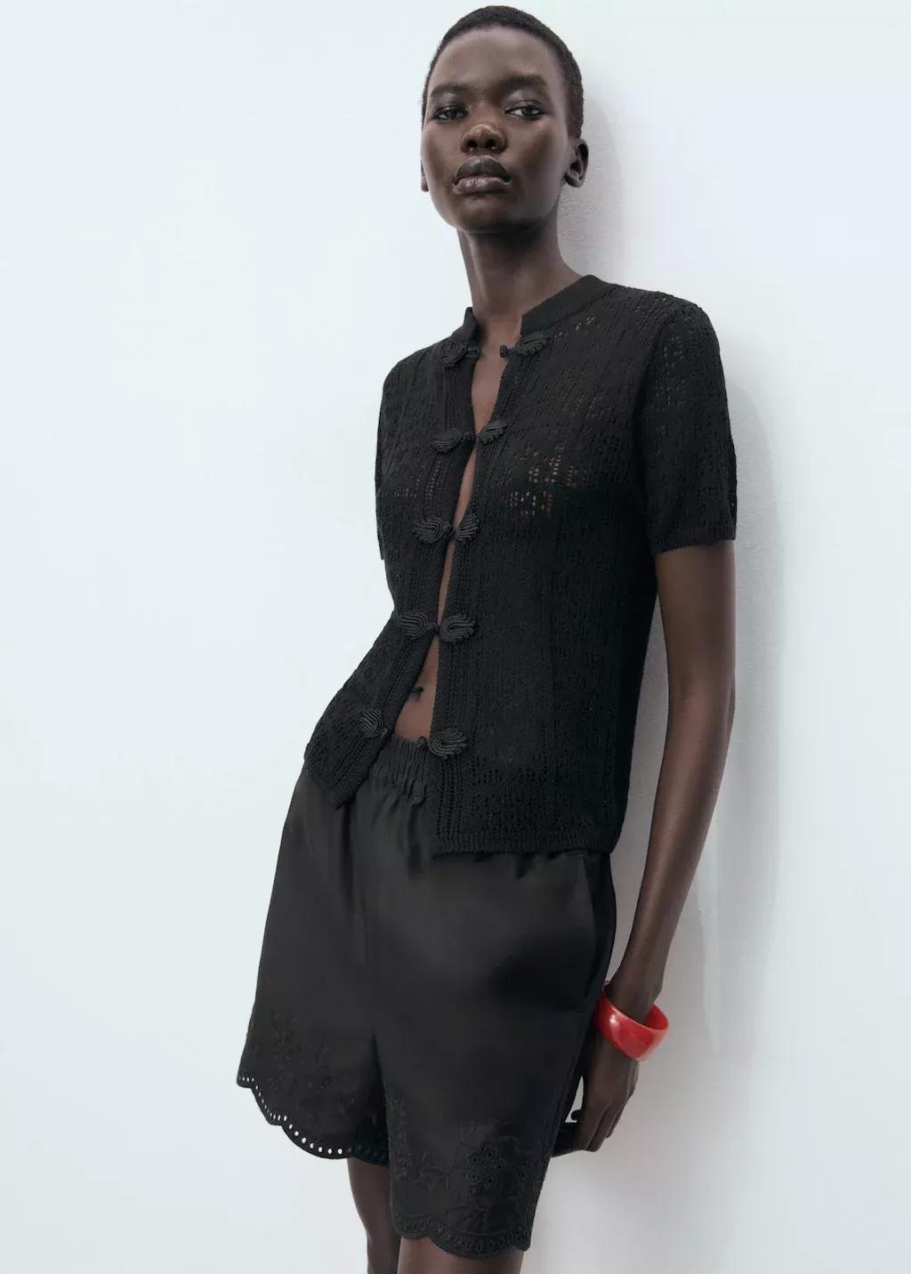 Black Crochet Cardigan With Toggle Buttons, Black, medium