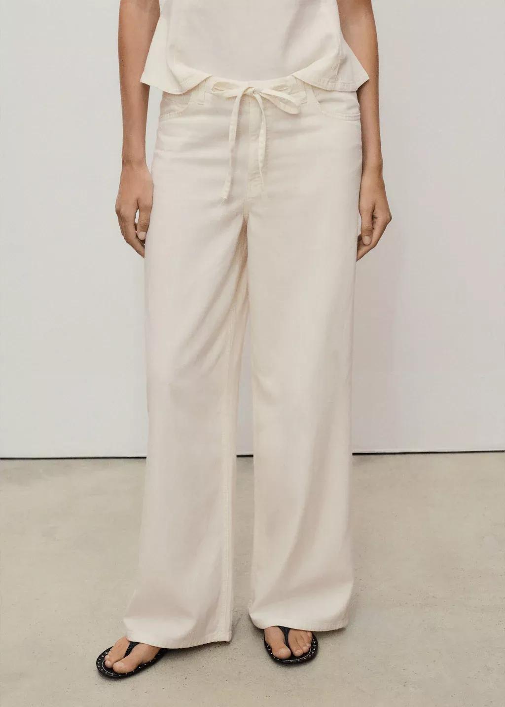 Beige Wide Leg Denim Trousers With Belt, 0201_05, large image number 1