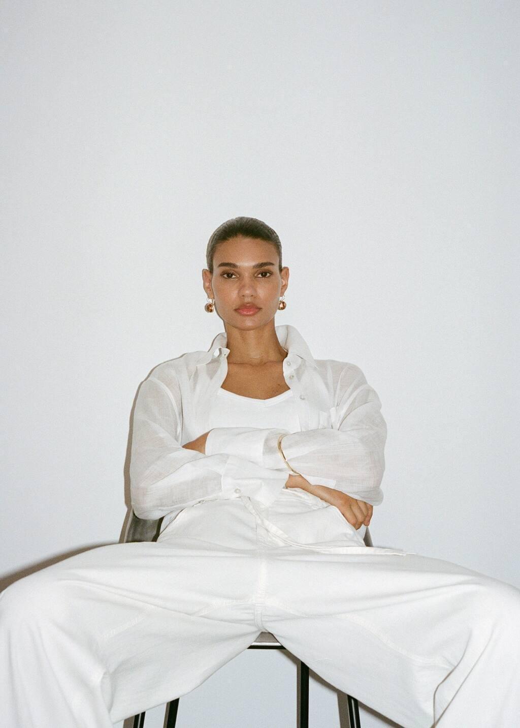 Beige Wide Leg Denim Trousers With Belt, 0201_05, large image number 5