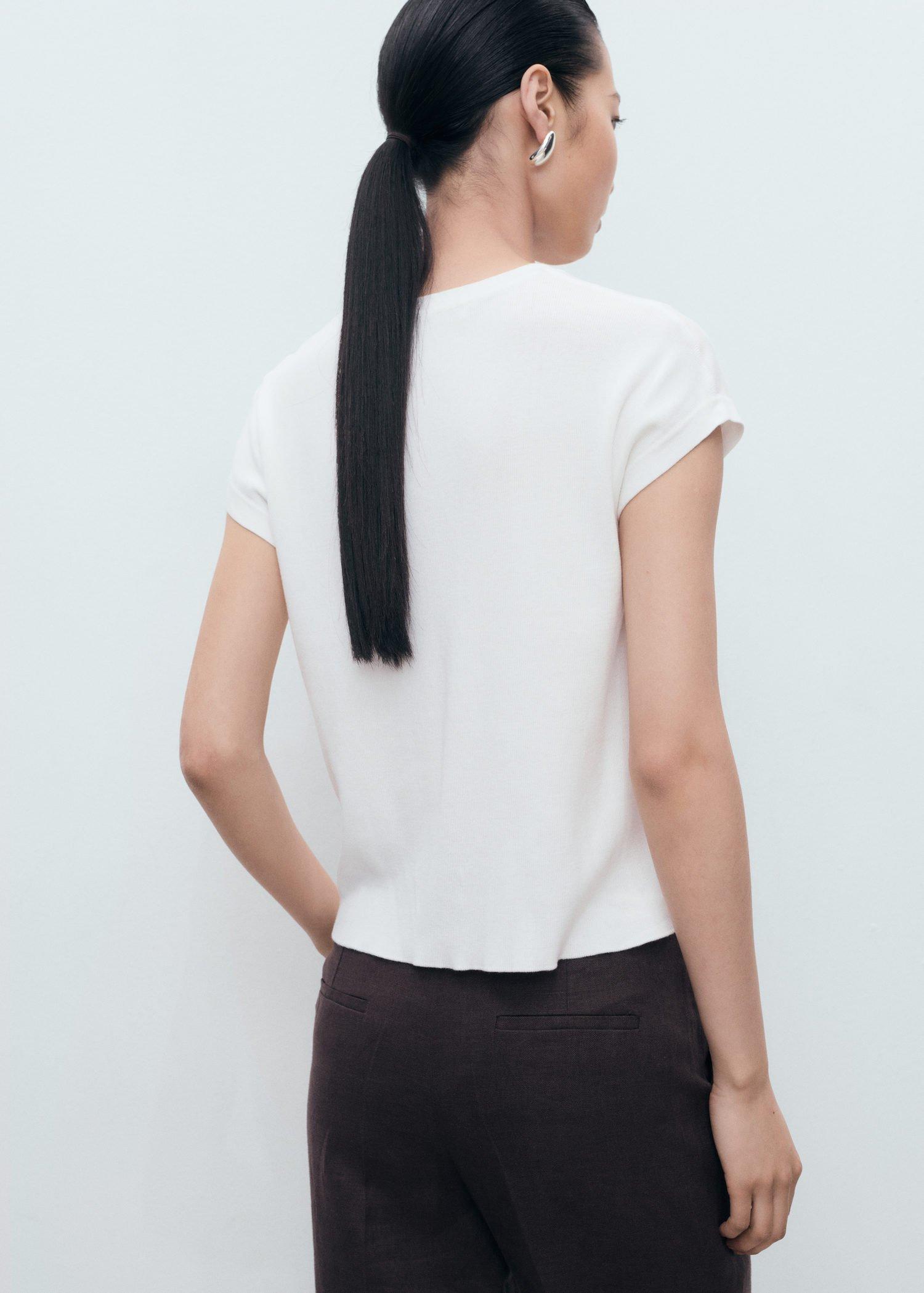 White Short-Sleeved Knitted Cotton Sweater, , large image number 2