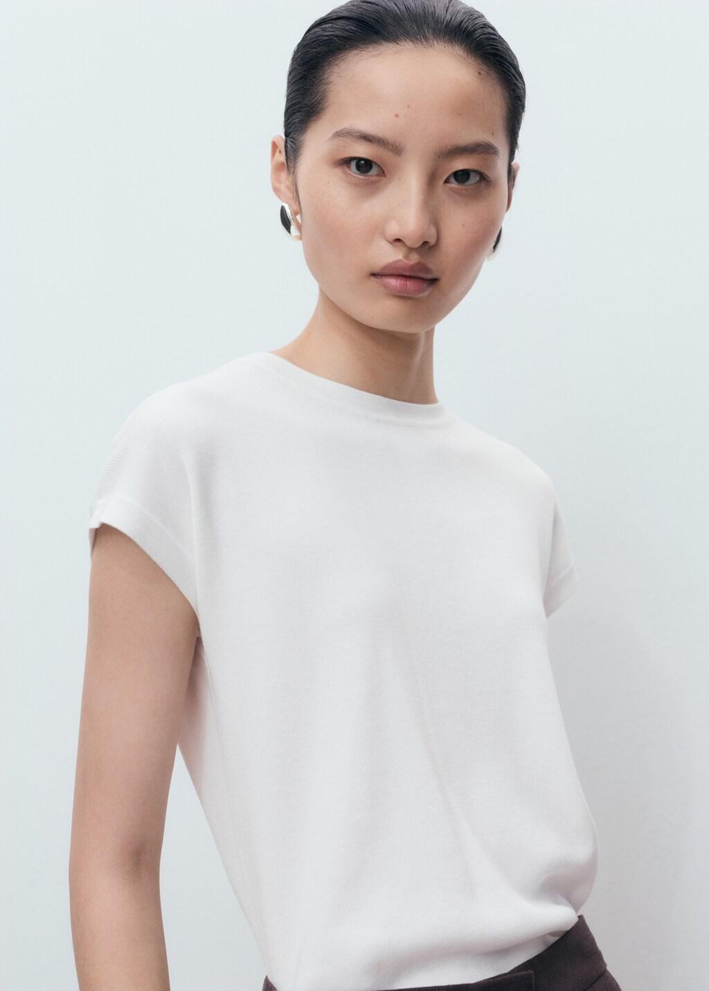 White Short-Sleeved Knitted Cotton Sweater, , large image number 7