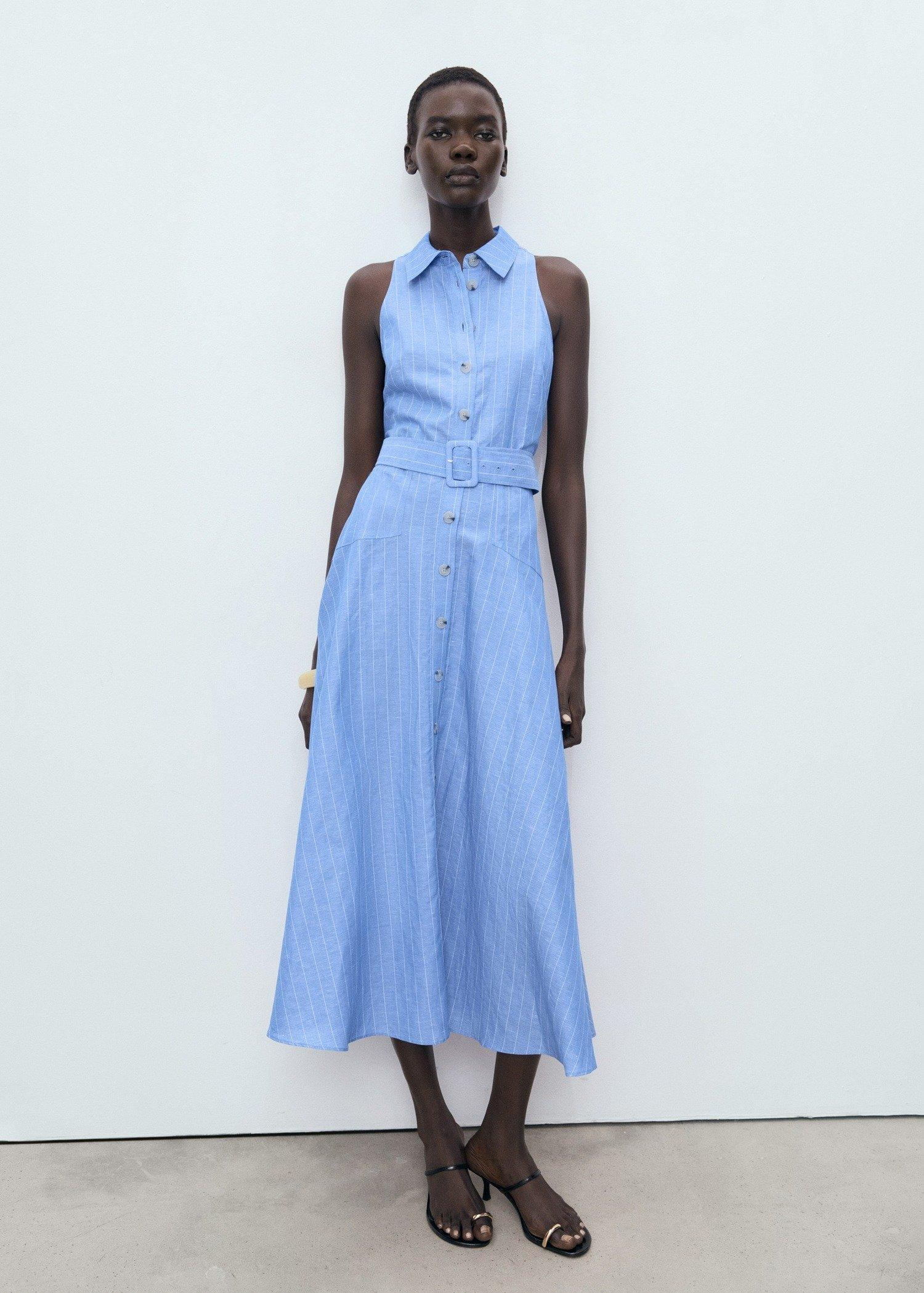 MEDIUM BLUE Striped linen-blend shirt-style dress, , large image number 0