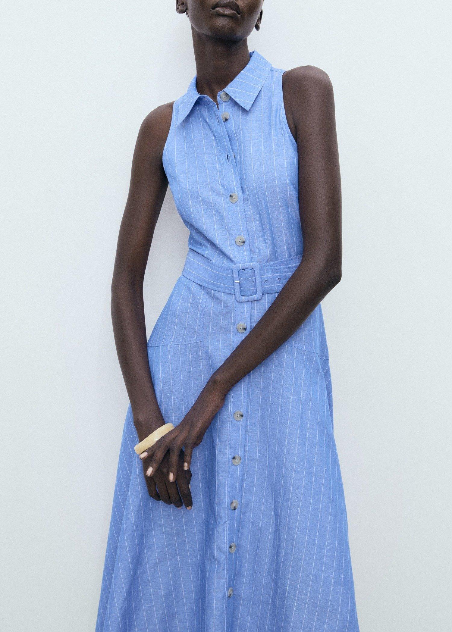 MEDIUM BLUE Striped linen-blend shirt-style dress, Medium Blue, medium