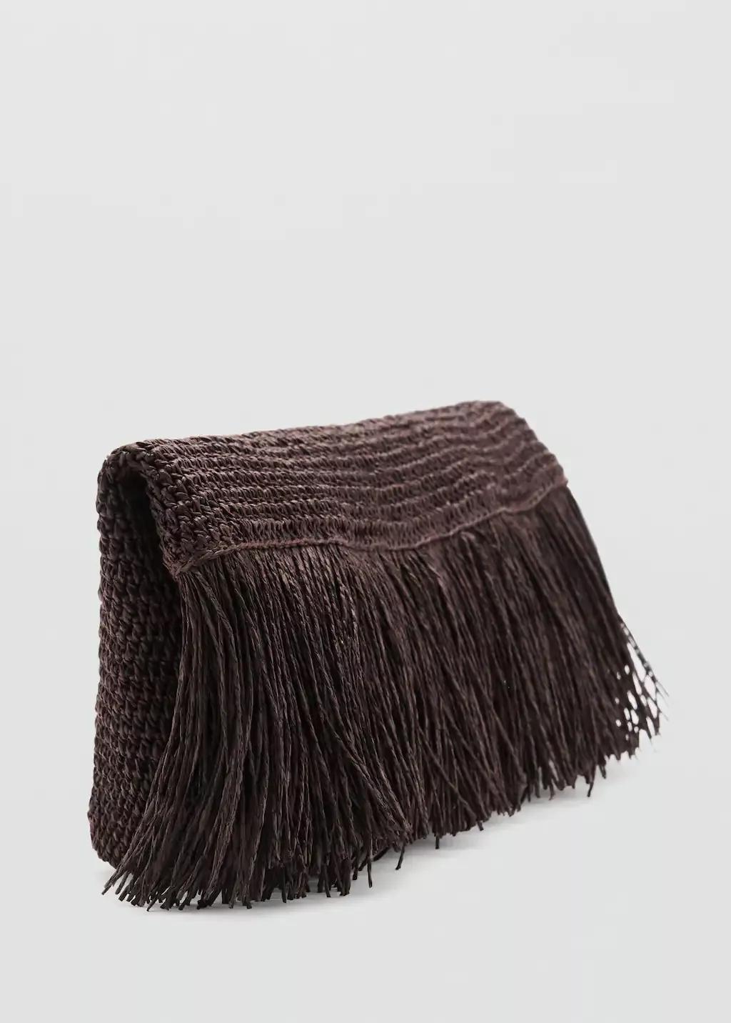 Brown Natural Fibre Handbag With Fringes, Dark Brown, large image number 0