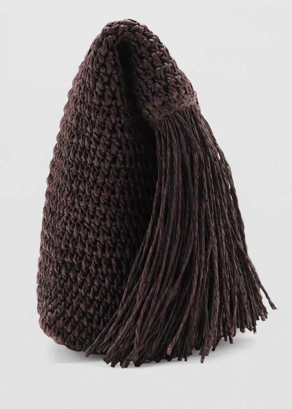 Brown Natural Fibre Handbag With Fringes, Dark Brown, large image number 2
