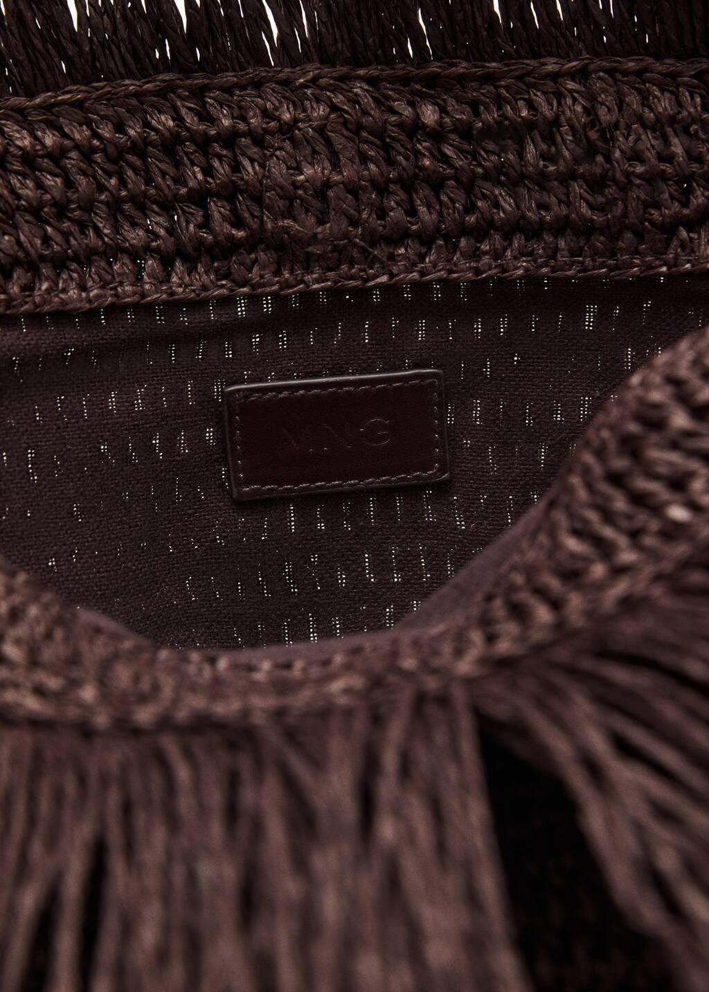 Brown Natural Fibre Handbag With Fringes, Dark Brown, large image number 4