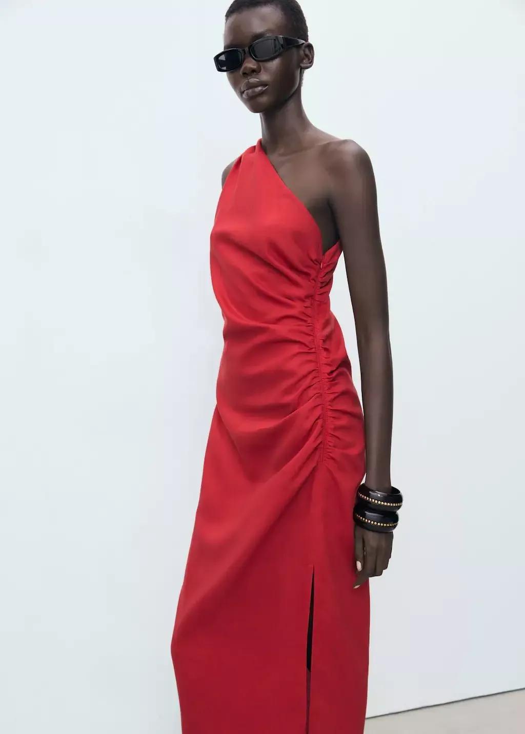 Red Lyocell Dress With Asymmetrical Neckline, Red, medium