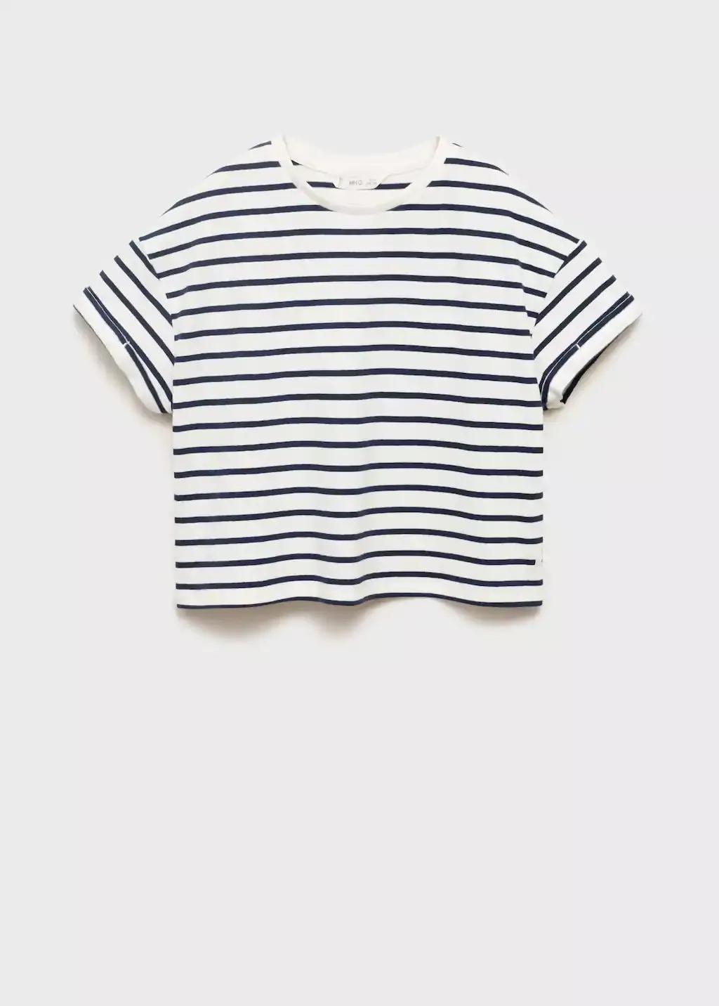 White Striped Short-Sleeved T-Shirt, Kids Girl, Natural White, medium