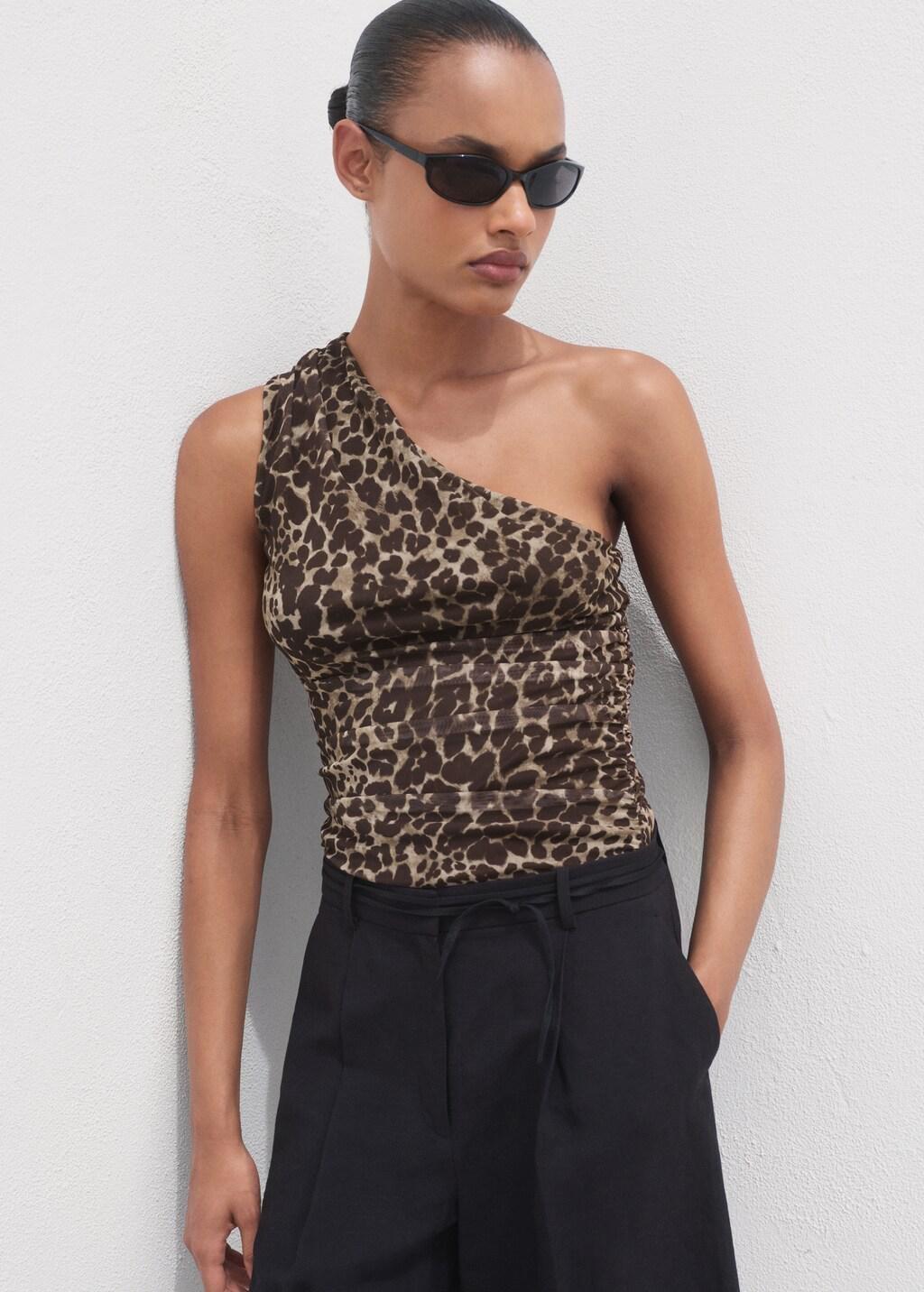 Brown Asymmetrical Animal-Print Top, , large image number 7