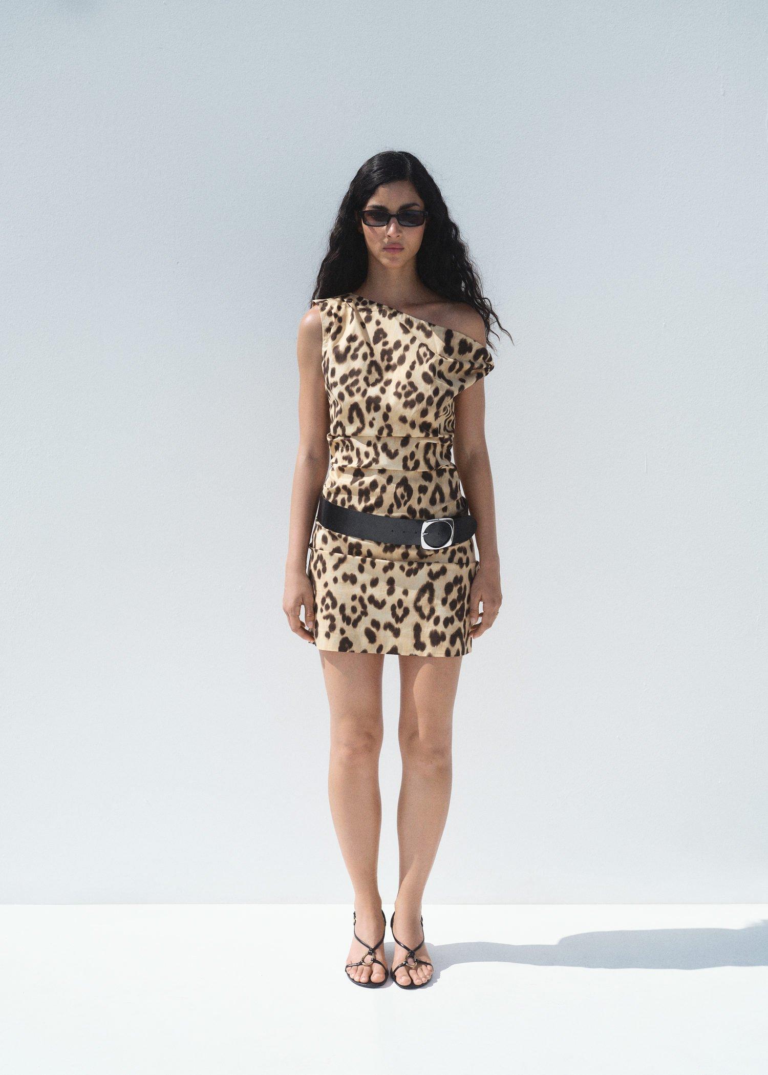 Beige Asymmetrical Leopard Neck Dress, , large image number 0