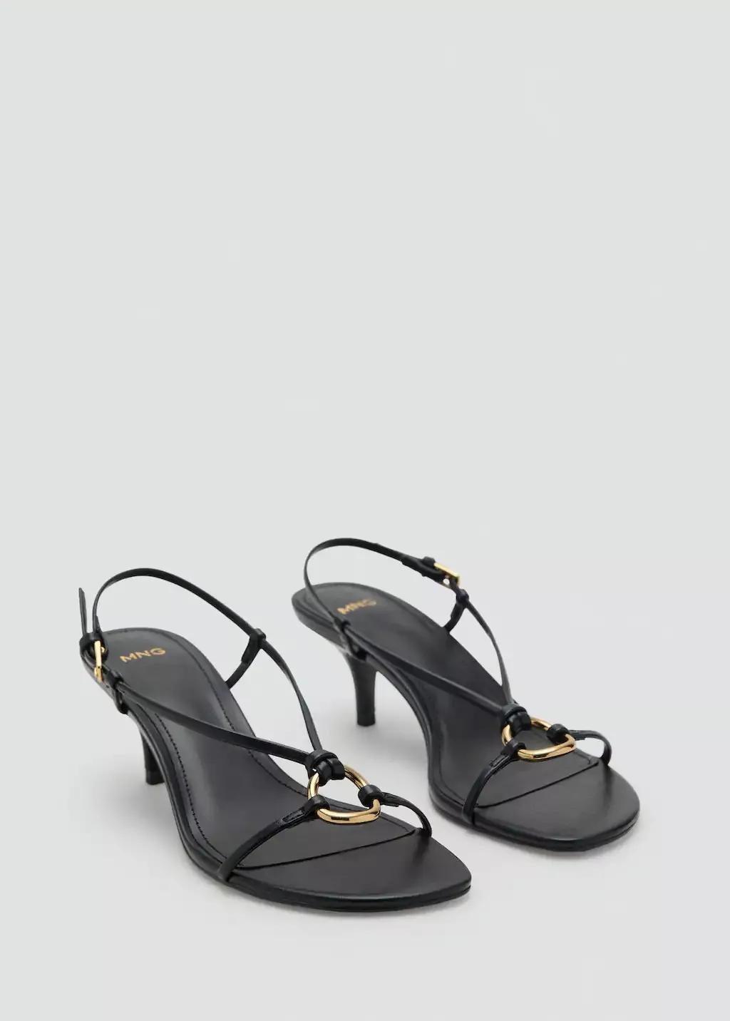 Black Ring Detail Heel Sandals, Black, medium