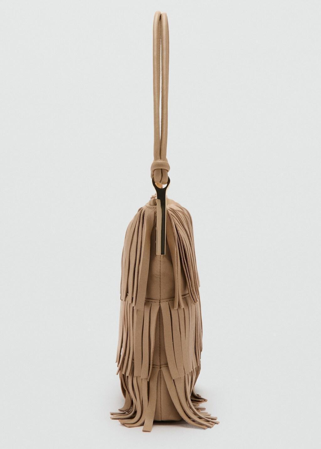 Beige Large Leather Shoulder Bag With Fringes, , medium