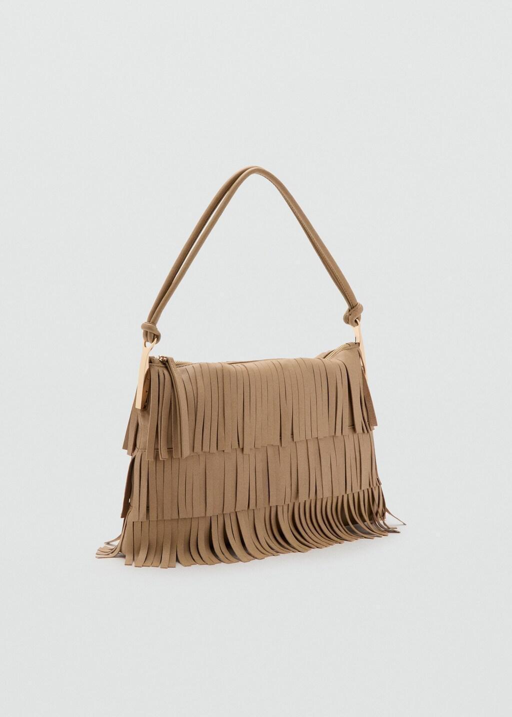 Beige Large Leather Shoulder Bag With Fringes, Light Beige, large image number 1