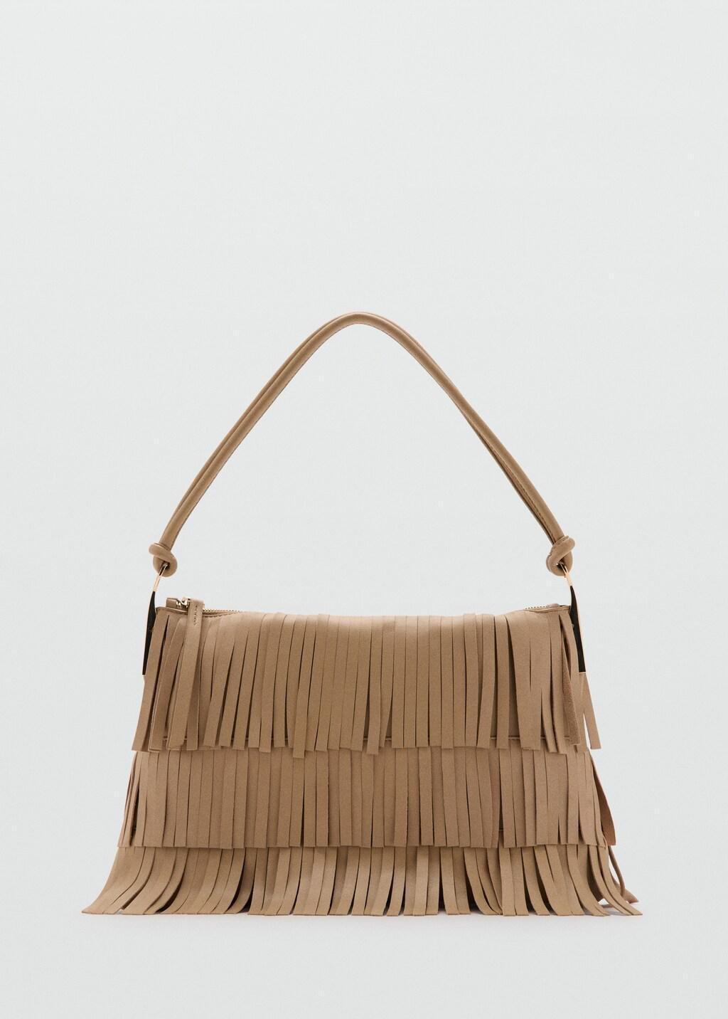 Beige Large Leather Shoulder Bag With Fringes, Light Beige, large image number 3