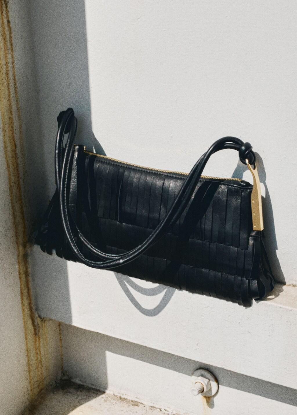 Black Leather Shoulder Bag With Fringes, , medium